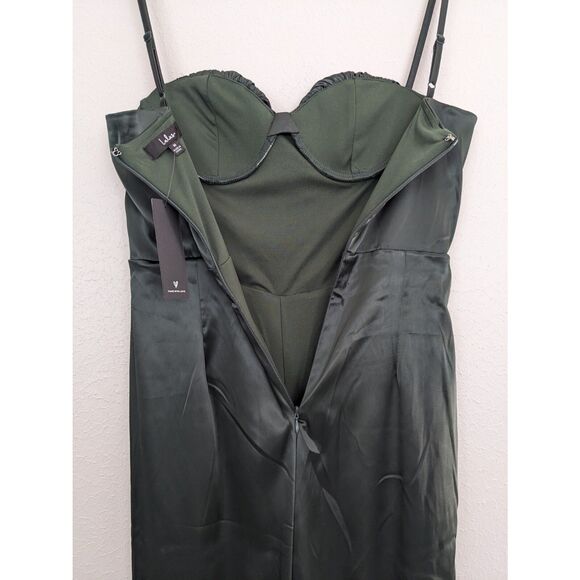NWT Lulus Flirty Agenda Jumpsuit Medium Dark Green Satin Bustier Wide Leg Womens - Picture 6 of 12